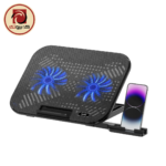 Rapoo CF200 Laptop Cooling Pad – Dual 100mm Fans, 1500 RPM, 6 Adjustable Angles, Built-in Phone Holder, USB Powered, Black