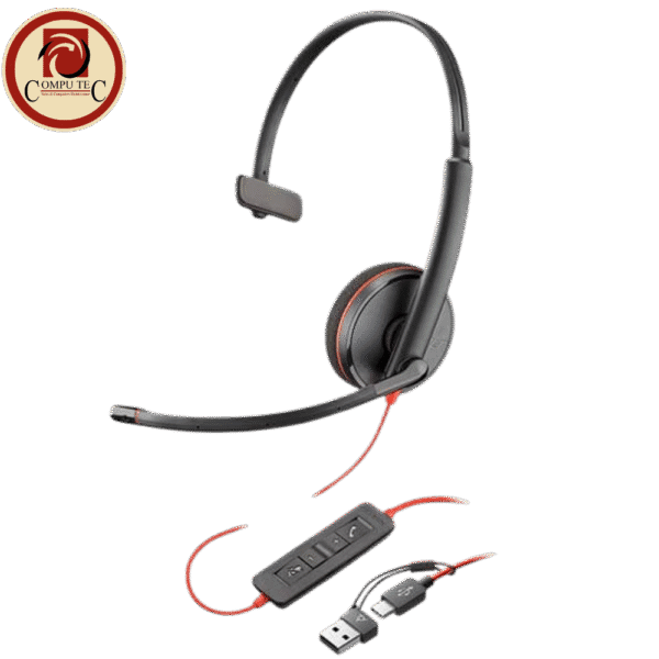 POLY Blackwire 3210 Monaural Wired Headset with USB-C and USB-A Adapter.